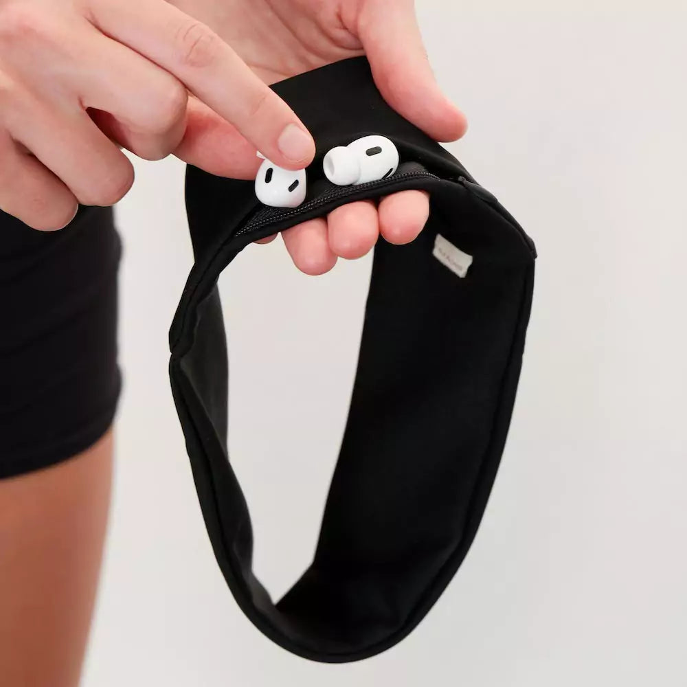 black hidden pocket headband storing AirPods inside