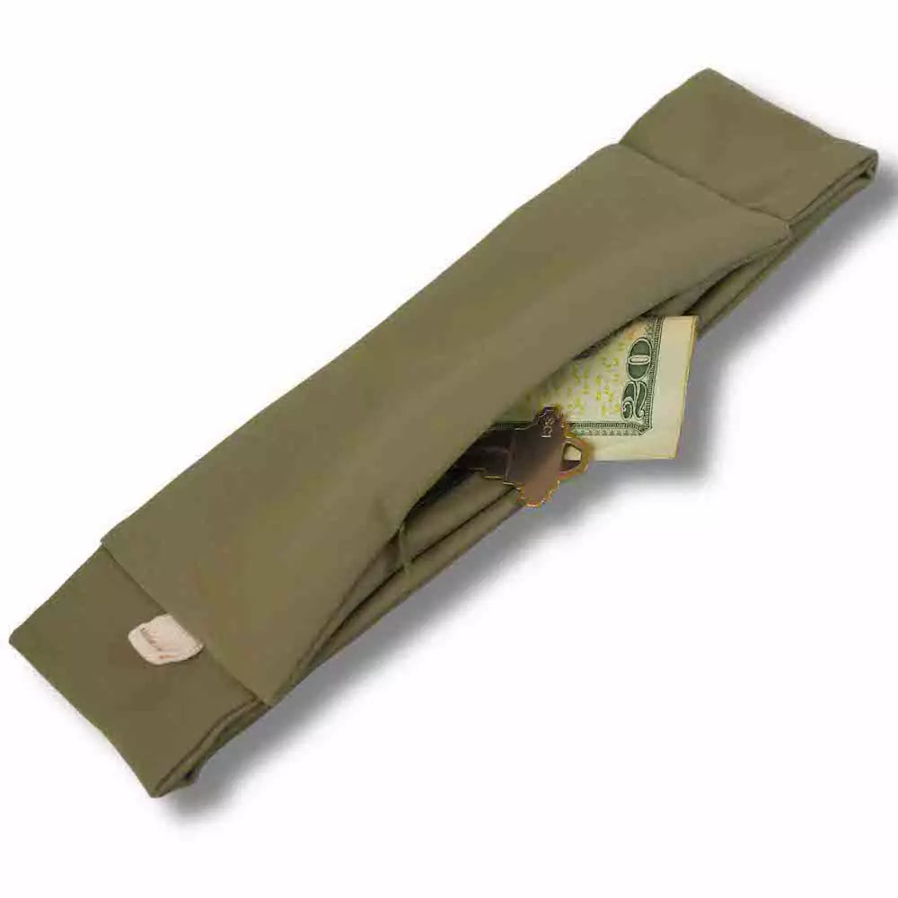 Army green nylon and spandex athletic headband with hidden zipper pocket for storing valuables (cash, keys, AirPods). Soft and stretchy with strong elastic for secure hold, ideal for workouts, festivals, gifts, and holiday stocking stuffers.