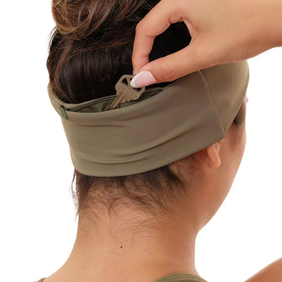 Army green nylon and spandex athletic headband with hidden zipper pocket for storing valuables (cash, keys, AirPods). Soft and stretchy with strong elastic for secure hold, ideal for workouts, festivals, gifts, and holiday stocking stuffers.