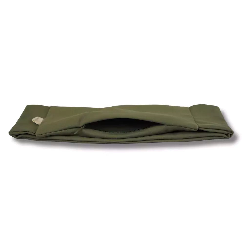 Army green nylon and spandex athletic headband with hidden zipper pocket for storing valuables (cash, keys, AirPods). Soft and stretchy with strong elastic for secure hold, ideal for workouts, festivals, gifts, and holiday stocking stuffers.