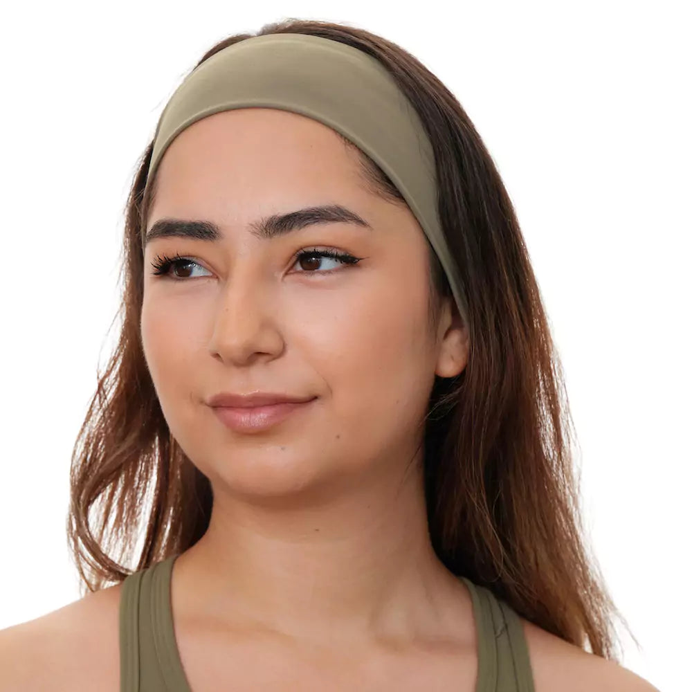 Army green nylon and spandex athletic headband with hidden zipper pocket for storing valuables (cash, keys, AirPods). Soft and stretchy with strong elastic for secure hold, ideal for workouts, festivals, gifts, and holiday stocking stuffers.