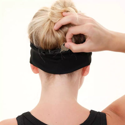 Black nylon and spandex athletic headband with hidden zipper pocket for storing valuables (cash, keys, AirPods). Soft and stretchy with strong elastic for a secure hold, perfect for workouts, festivals, gifts, and holiday stocking stuffers.