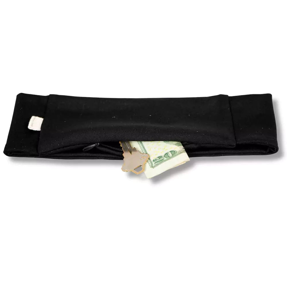 Black nylon and spandex athletic headband with hidden zipper pocket for storing valuables (cash, keys, AirPods). Soft and stretchy with strong elastic for a secure hold, perfect for workouts, festivals, gifts, and holiday stocking stuffers.