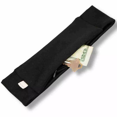 Black nylon and spandex athletic headband with hidden zipper pocket for storing valuables (cash, keys, AirPods). Soft and stretchy with strong elastic for a secure hold, perfect for workouts, festivals, gifts, and holiday stocking stuffers.