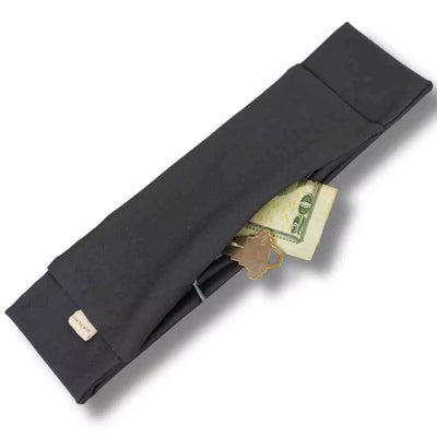 Grey gray nylon and spandex athletic headband with hidden zipper pocket for storing valuables (cash, keys, AirPods). Soft and stretchy with strong elastic for a secure hold, perfect for workouts, festivals, gifts, and holiday stocking stuffers.