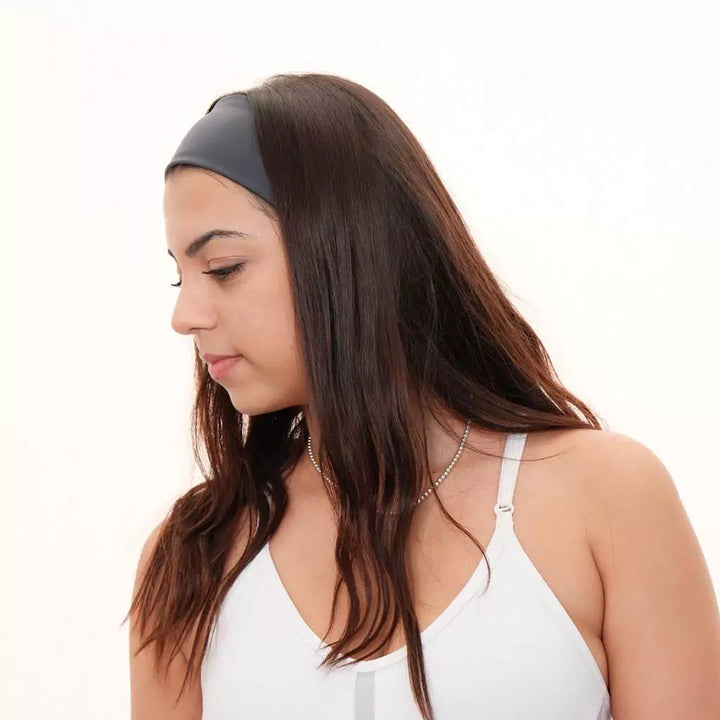 Grey gray nylon and spandex athletic headband with hidden zipper pocket for storing valuables (cash, keys, AirPods). Soft and stretchy with strong elastic for a secure hold, perfect for workouts, festivals, gifts, and holiday stocking stuffers.