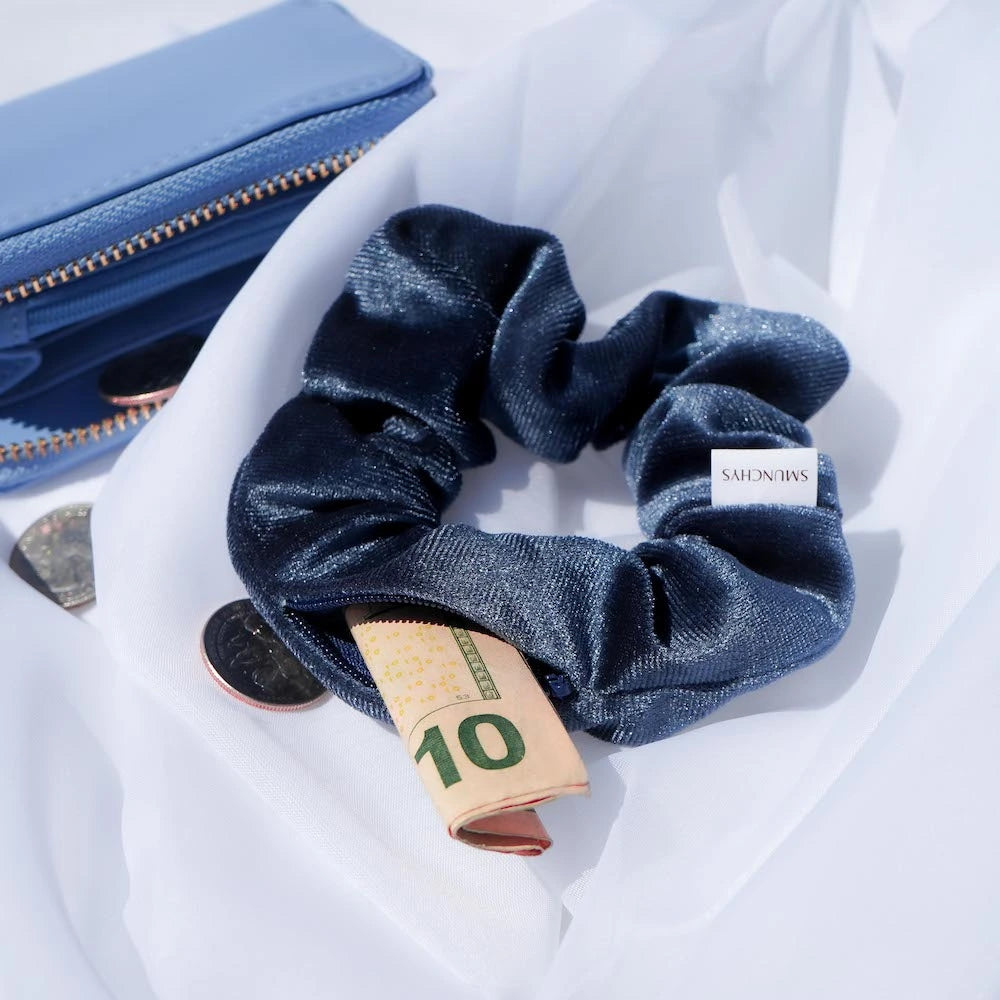 Velvet Dark blue navy hair scrunchie ponytail holder featuring a hidden zipper pocket for storing valuables (cash, keys, AirPods) and strong elastic for a secure hold. Ideal for workouts, festivals, gifts, and holiday stocking stuffers.