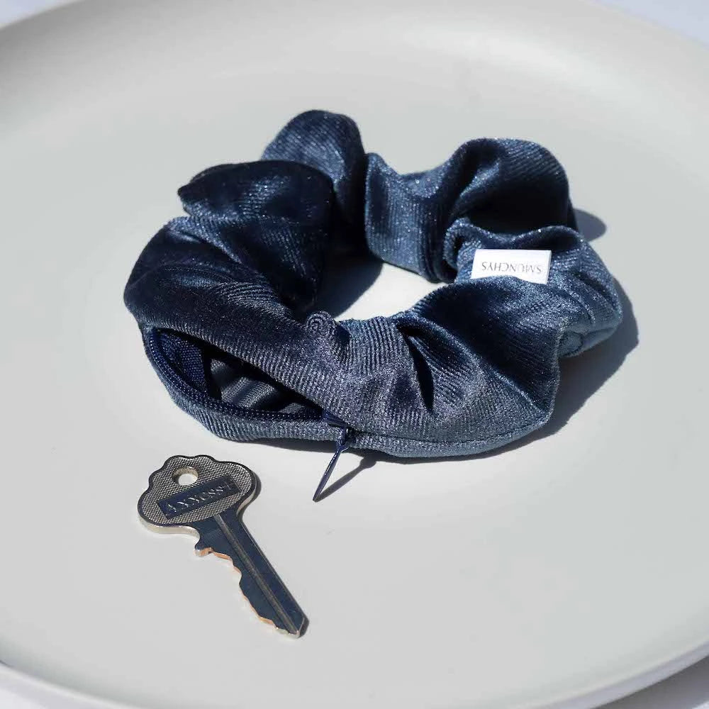 Velvet Dark blue navy hair scrunchie ponytail holder featuring a hidden zipper pocket for storing valuables (cash, keys, AirPods) and strong elastic for a secure hold. Ideal for workouts, festivals, gifts, and holiday stocking stuffers.