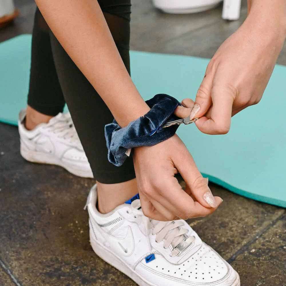 Velvet Dark blue navy hair scrunchie ponytail holder featuring a hidden zipper pocket for storing valuables (cash, keys, AirPods) and strong elastic for a secure hold. Ideal for workouts, festivals, gifts, and holiday stocking stuffers.