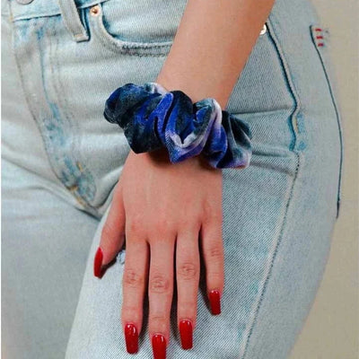 Velvet blue and white tie-dye color hair scrunchie ponytail holder featuring a hidden zipper pocket for storing valuables (cash, keys, AirPods) and strong elastic for a secure hold. Ideal for workouts, festivals, gifts, and holiday stocking stuffers.