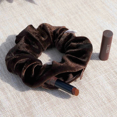 Velvet Brown coffee color hair scrunchie ponytail holder featuring a hidden zipper pocket for storing valuables (cash, keys, AirPods) and strong elastic for a secure hold. Ideal for workouts, festivals, gifts, and holiday stocking stuffers.