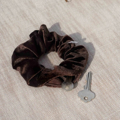 Velvet Brown coffee color hair scrunchie ponytail holder featuring a hidden zipper pocket for storing valuables (cash, keys, AirPods) and strong elastic for a secure hold. Ideal for workouts, festivals, gifts, and holiday stocking stuffers.