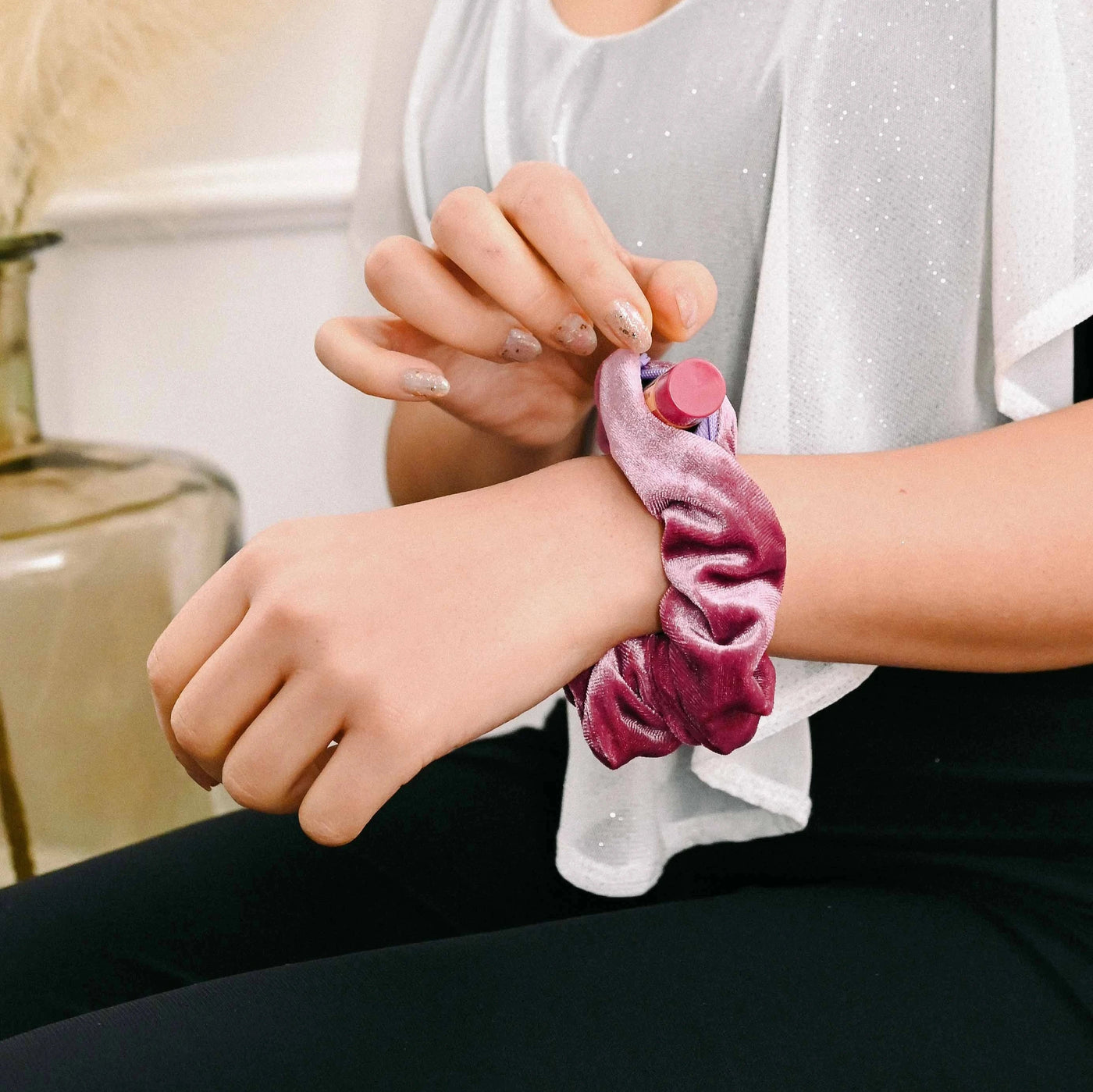 Velvet Purple and pink orchid plum hair scrunchie ponytail holder featuring a hidden zipper pocket for storing valuables (cash, keys, AirPods) and strong elastic for a secure hold. Perfect for workouts, festivals, gifts, and holiday stocking stuffers.