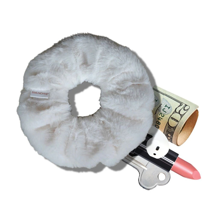 White faux fur holiday scrunchie with hidden zipper pocket for valuables (cash, keys, AirPods), featuring strong elastic for a secure hold. Inspired by the Christmas and winter season, perfect for workouts, festivals, holiday events, and stocking stuffers. 