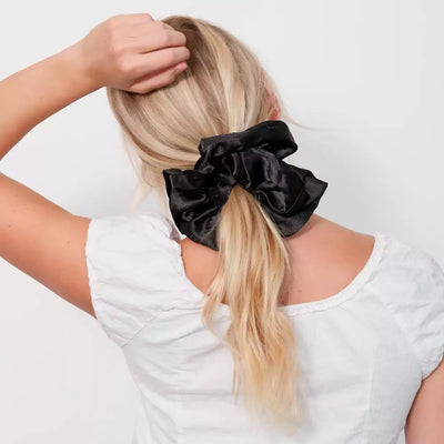 Satin black jumbo oversized  hair scrunchie with hidden zipper pocket for valuables (cash, cards, keys, AirPods), strong elastic for secure hold, perfect for workouts, festivals, gifts, and holiday stocking stuffers. Oversized scrunchie ideal for thick hair and ponytails.