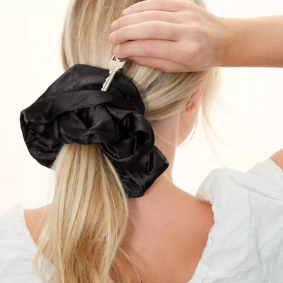 Satin black jumbo oversized  hair scrunchie with hidden zipper pocket for valuables (cash, cards, keys, AirPods), strong elastic for secure hold, perfect for workouts, festivals, gifts, and holiday stocking stuffers. Oversized scrunchie ideal for thick hair and ponytails.