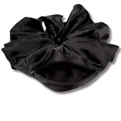 Satin black jumbo oversized  hair scrunchie with hidden zipper pocket for valuables (cash, cards, keys, AirPods), strong elastic for secure hold, perfect for workouts, festivals, gifts, and holiday stocking stuffers. Oversized scrunchie ideal for thick hair and ponytails.