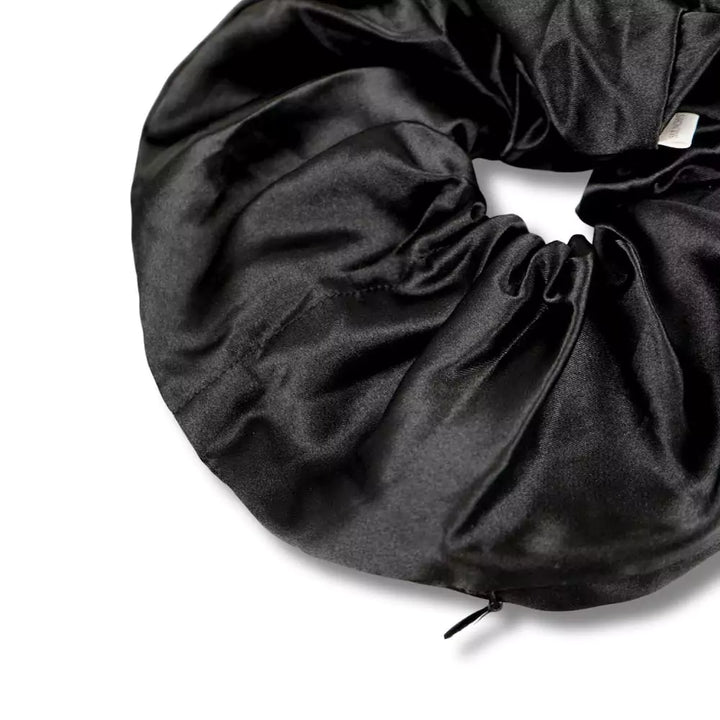 Satin black jumbo oversized hair scrunchie with hidden zipper pocket for valuables (cash, cards, keys, AirPods), strong elastic for secure hold, perfect for workouts, festivals, gifts, and holiday stocking stuffers. Oversized scrunchie ideal for thick hair and ponytails.