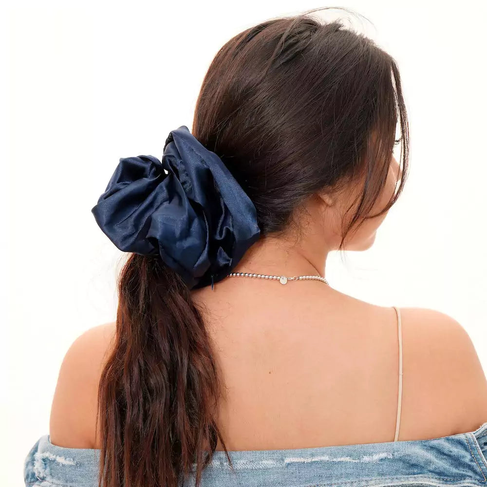 Satin blue navy oversized jumbo hair scrunchie with hidden zipper pocket for valuables (cash, cards, keys, AirPods), strong elastic for secure hold, perfect for workouts, festivals, gifts, and holiday stocking stuffers. Oversized scrunchie ideal for thick hair and ponytails.