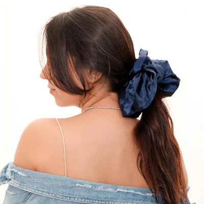 Satin blue navy oversized jumbo hair scrunchie with hidden zipper pocket for valuables (cash, cards, keys, AirPods), strong elastic for secure hold, perfect for workouts, festivals, gifts, and holiday stocking stuffers. Oversized scrunchie ideal for thick hair and ponytails.