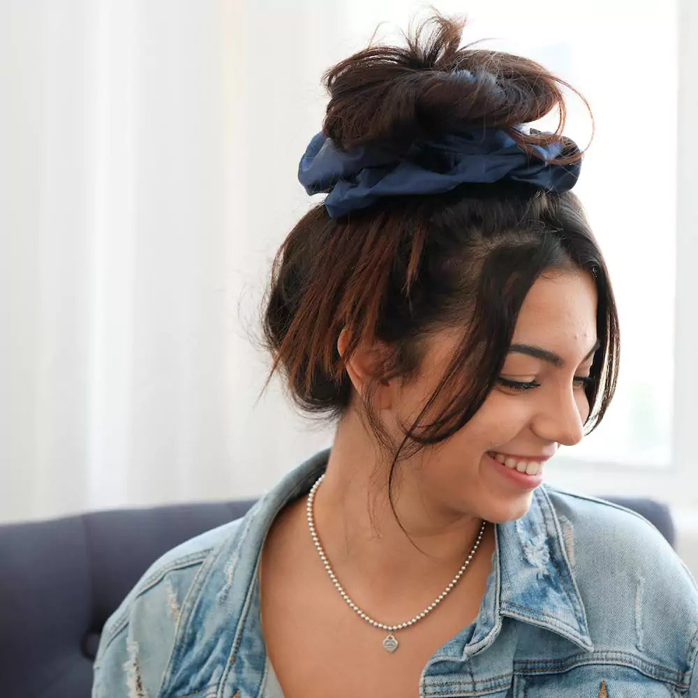 Satin blue navy oversized jumbo hair scrunchie with hidden zipper pocket for valuables (cash, cards, keys, AirPods), strong elastic for secure hold, perfect for workouts, festivals, gifts, and holiday stocking stuffers. Oversized scrunchie ideal for thick hair and ponytails.