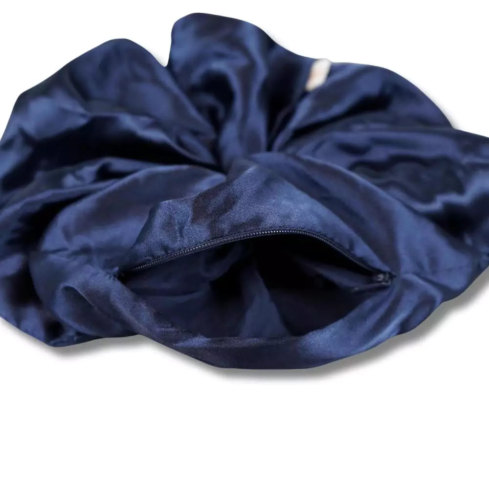 Satin blue navy oversized jumbo hair scrunchie with hidden zipper pocket for valuables (cash, cards, keys, AirPods), strong elastic for secure hold, perfect for workouts, festivals, gifts, and holiday stocking stuffers. Oversized scrunchie ideal for thick hair and ponytails.