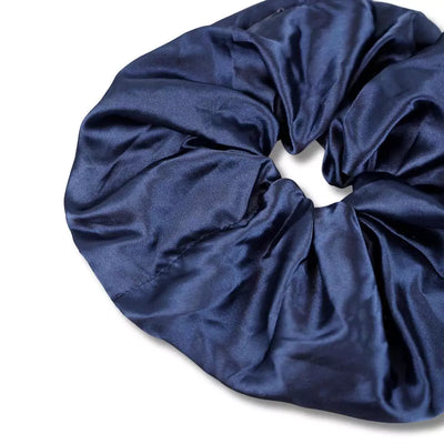 Satin blue navy oversized jumbo hair scrunchie with hidden zipper pocket for valuables (cash, cards, keys, AirPods), strong elastic for secure hold, perfect for workouts, festivals, gifts, and holiday stocking stuffers. Oversized scrunchie ideal for thick hair and ponytails.