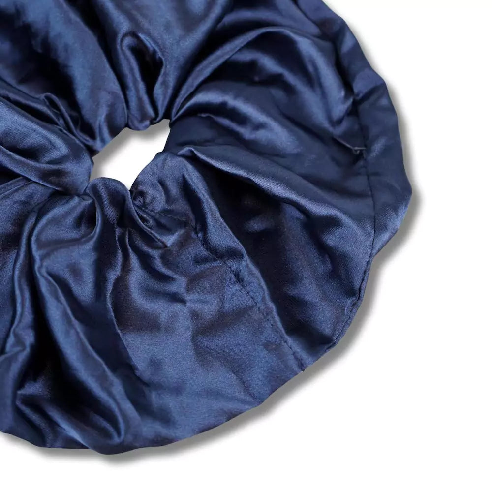 Satin blue navy oversized jumbo hair scrunchie with hidden zipper pocket for valuables (cash, cards, keys, AirPods), strong elastic for secure hold, perfect for workouts, festivals, gifts, and holiday stocking stuffers. Oversized scrunchie ideal for thick hair and ponytails.