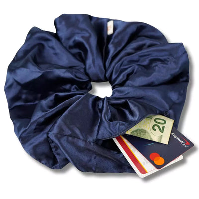 Satin blue navy oversized jumbo hair scrunchie with hidden zipper pocket for valuables (cash, cards, keys, AirPods), strong elastic for secure hold, perfect for workouts, festivals, gifts, and holiday stocking stuffers. Oversized scrunchie ideal for thick hair and ponytails.