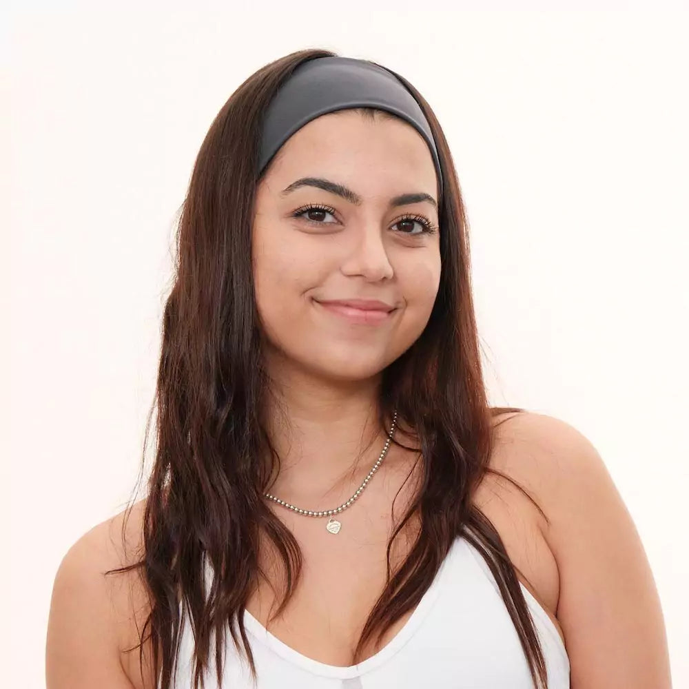 Grey gray nylon and spandex athletic headband with hidden zipper pocket for storing valuables (cash, keys, AirPods). Soft and stretchy with strong elastic for a secure hold, perfect for workouts, festivals, gifts, and holiday stocking stuffers.