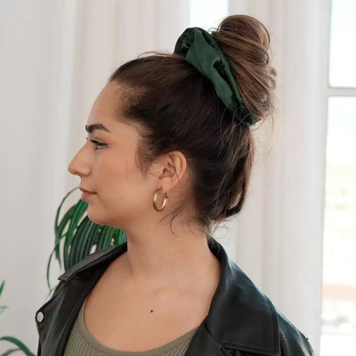 Satin green evergreen oversized jumbo hair scrunchie with hidden zipper pocket for valuables (cash, cards, keys, AirPods), strong elastic for secure hold, perfect for workouts, festivals, gifts, and holiday stocking stuffers. Oversized scrunchie ideal for thick hair and ponytails.