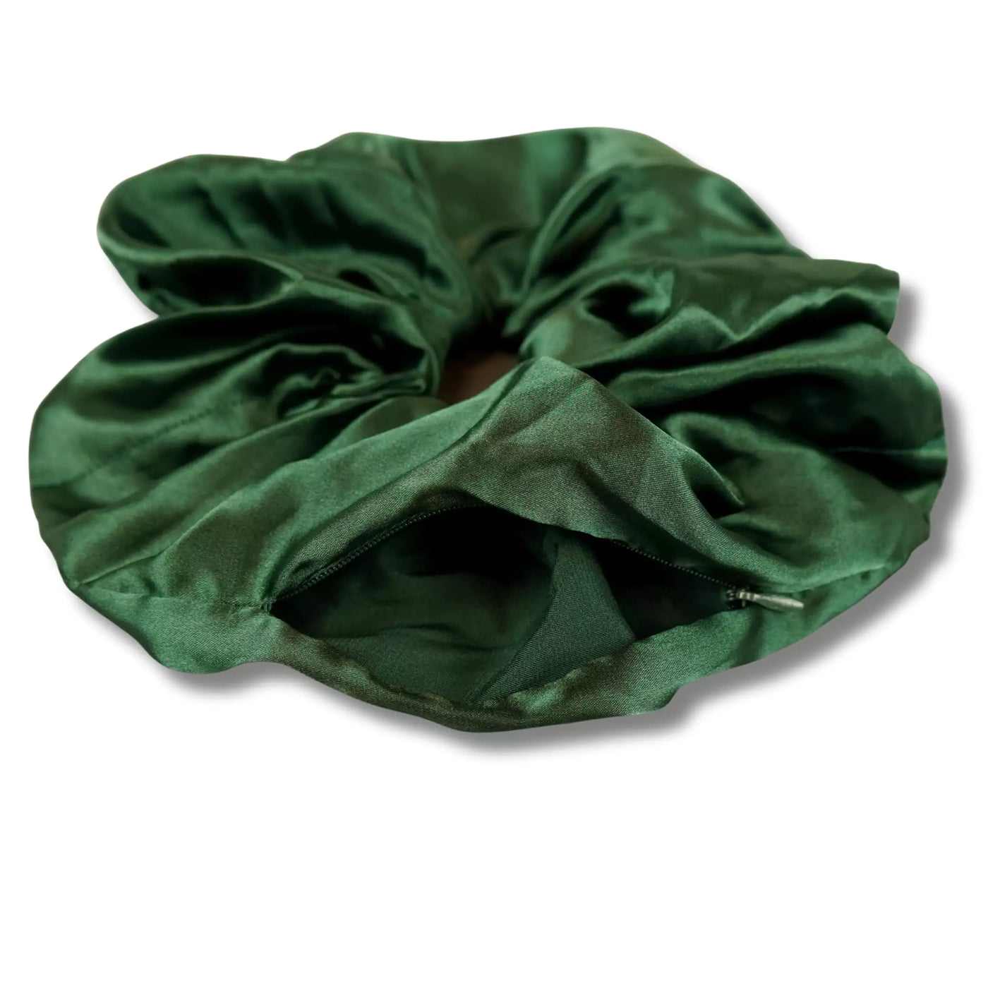 Satin green evergreen oversized jumbo hair scrunchie with hidden zipper pocket for valuables (cash, cards, keys, AirPods), strong elastic for secure hold, perfect for workouts, festivals, gifts, and holiday stocking stuffers. Oversized scrunchie ideal for thick hair and ponytails.