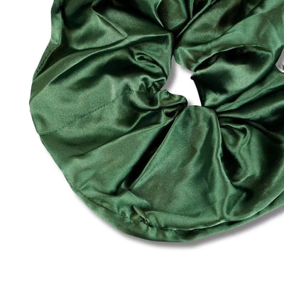 Satin green evergreen oversized jumbo hair scrunchie with hidden zipper pocket for valuables (cash, cards, keys, AirPods), strong elastic for secure hold, perfect for workouts, festivals, gifts, and holiday stocking stuffers. Oversized scrunchie ideal for thick hair and ponytails.