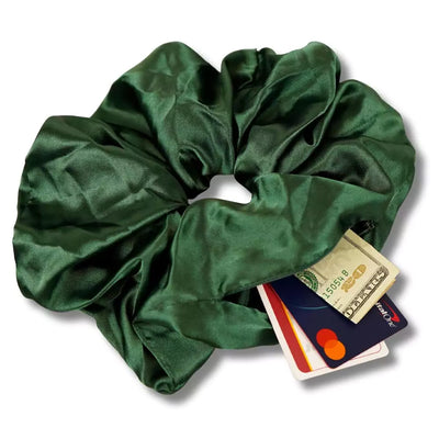 Satin green evergreen oversized jumbo hair scrunchie with hidden zipper pocket for valuables (cash, cards, keys, AirPods), strong elastic for secure hold, perfect for workouts, festivals, gifts, and holiday stocking stuffers. Oversized scrunchie ideal for thick hair and ponytails.