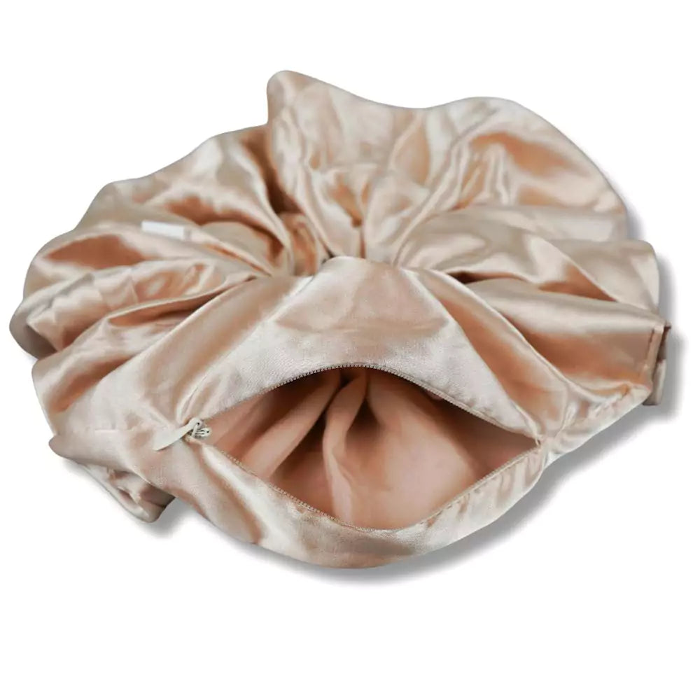 Satin pink salmon jumbo oversized  hair scrunchie with hidden zipper pocket for valuables (cash, cards, keys, AirPods), strong elastic for secure hold, perfect for workouts, festivals, gifts, and holiday stocking stuffers. Oversized scrunchie ideal for thick hair and ponytails.