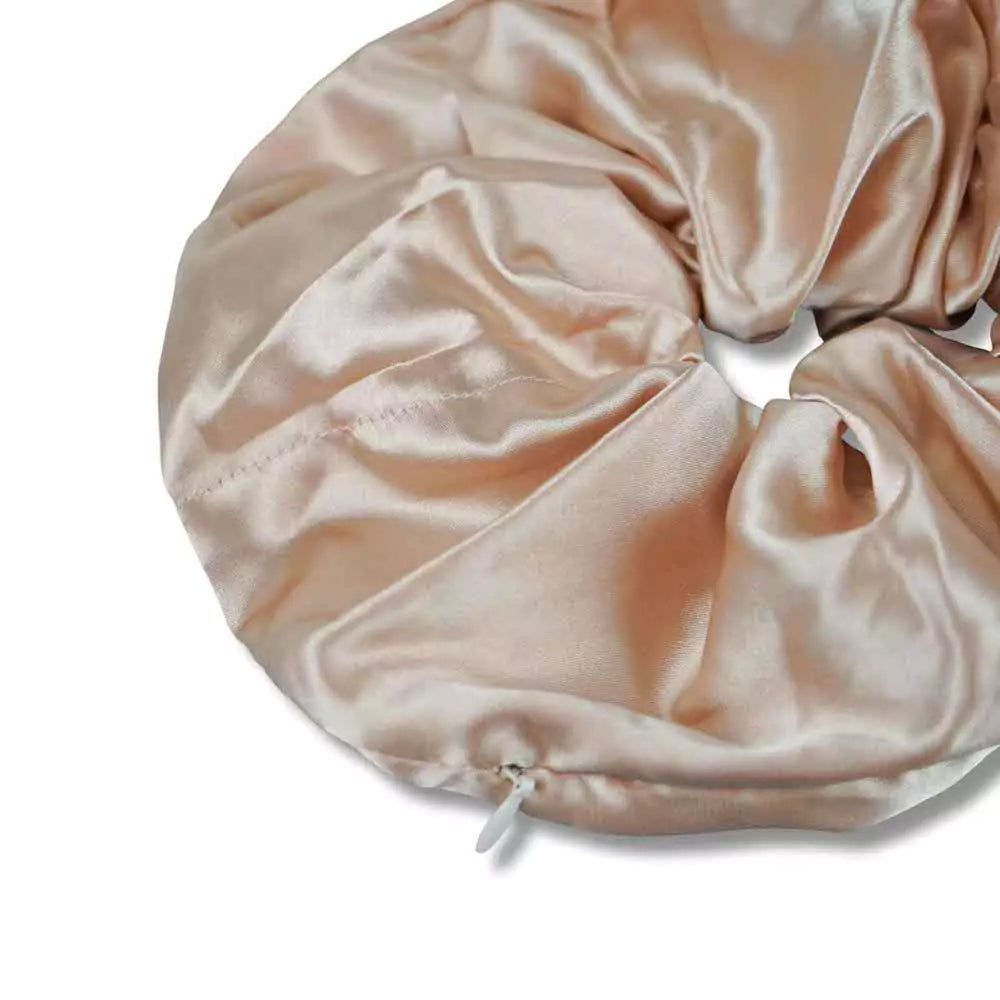 Satin pink salmon jumbo hair scrunchie with hidden zipper pocket for valuables (cash, cards, keys, AirPods), strong elastic for secure hold, perfect for workouts, festivals, gifts, and holiday stocking stuffers. Oversized scrunchie ideal for thick hair and ponytails.